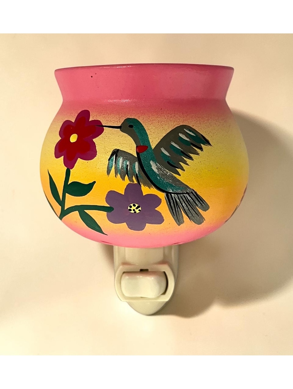 Vintage Pottery Night Light Hummingbird Floral Pink Southwestern Plug In Lamp